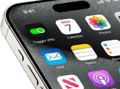 Angled iPhone home screen showing the Toggle VPN app icon and label alongside standard iOS apps.