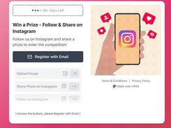 Giveaway task page titled “Win a Prize - Follow & Share on Instagram,” with email registration and Instagram action rows.