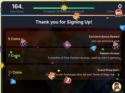 Dark giveaway interface showing 164 coins, a reward progress bar, and a “Thank you for Signing Up!” reward list.