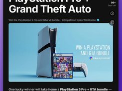 Giveaway landing page titled “PlayStation Pro + Grand Theft Auto,” with entry count, days remaining, and a PlayStation prize image.