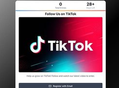 Giveaway page headed “Follow Us on TikTok,” showing entry status, a TikTok banner, and an email-registration button.