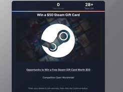 Dark giveaway form headed “Win a $50 Steam Gift Card,” with entry total, days remaining, and a Steam graphic.