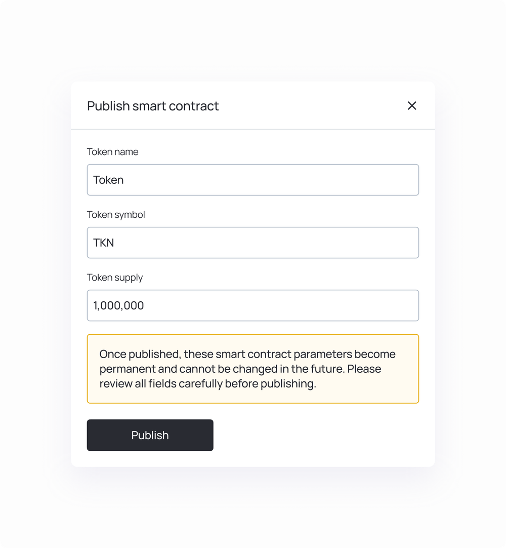 Publish smart contract dialog with token name, symbol, supply, and publish action.