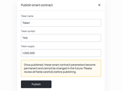 Publish smart contract dialog with token name, symbol, supply, and publish action.
