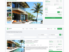 Investor property marketplace and Santorini asset purchase page with token pricing and returns.