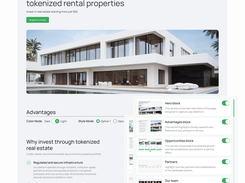 Website page editor showing tokenized-property landing page sections and publishing controls.
