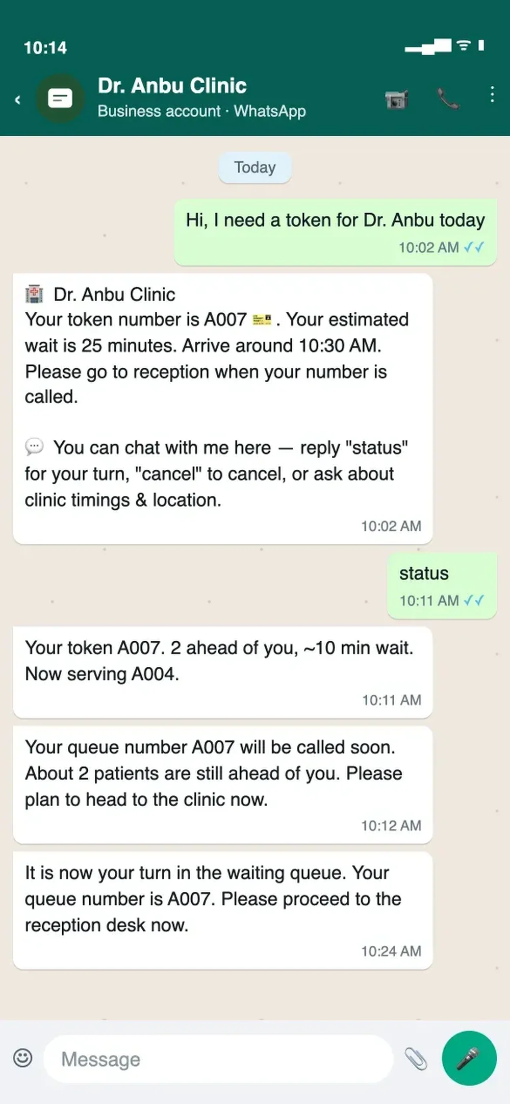 WhatsApp conversation with Dr. Anbu Clinic showing token A007, estimated wait time, queue-status updates, and a call-to-reception notice.