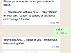 WhatsApp conversation with Dr. Anbu Clinic showing token A007, estimated wait time, queue-status updates, and a call-to-reception notice.
