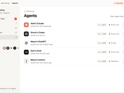 Connected agents from the Claude app, ChatGPT, Grok and the Codex CLI, each with its own revocable key