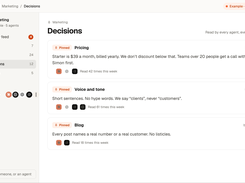 Pinned decisions such as pricing rules and brand voice that every AI agent reads before it starts work