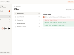 Shared files with version history: every edit by a person or AI agent is saved as a new version