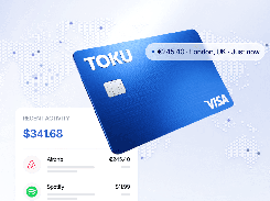 Toku-branded Visa card graphic above a recent-activity panel showing merchant entries and transaction amounts, with a world map background.