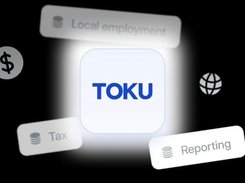 Graphic with a central TOKU tile surrounded by labels for Local employment, Tax, and Reporting, plus currency and globe icons.
