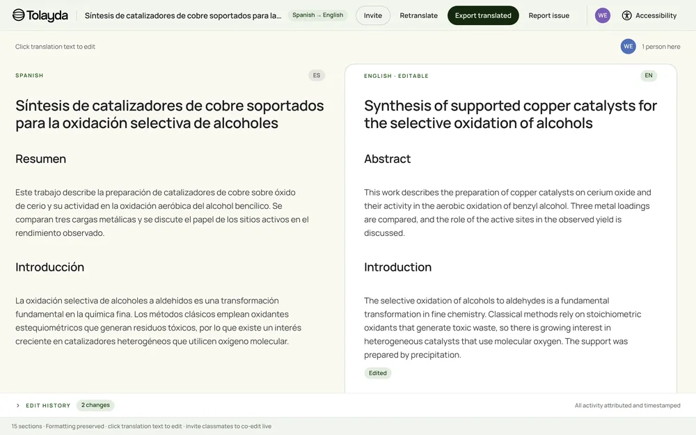 Tolayda translation workspace showing a Spanish chemistry paper alongside an editable English translation, with editing, invitation, retranslation, export, and accessibility controls.