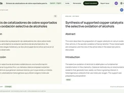 Tolayda translation workspace showing a Spanish chemistry paper alongside an editable English translation, with editing, invitation, retranslation, export, and accessibility controls.