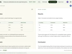 Tolayda translation workspace showing Spanish and English Results sections with matching copper loading, conversion, and selectivity tables.