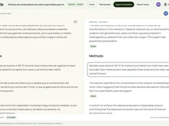 Tolayda workspace showing Spanish and English document columns at the Methods section, including translated and edited paragraphs.