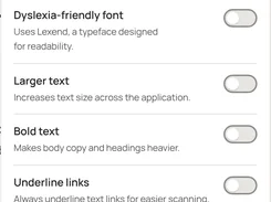 Tolayda Accessibility settings dialog with toggles for high contrast, dyslexia-friendly font, larger text, bold text, underlined links, and reduced motion.