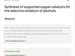 Tolayda English editable document panel with untranslated Spanish text sections and buttons to translate each section.