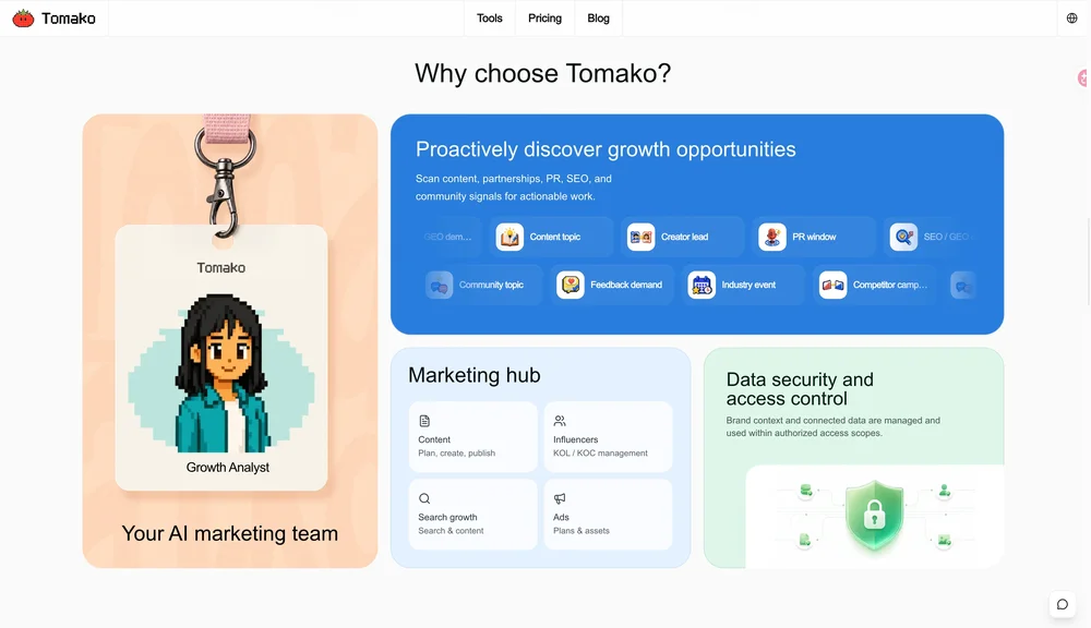 A Tomako webpage section titled “Why choose Tomako?” showing labeled panels for growth opportunities, a marketing hub, and data security and access control.