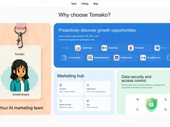 A Tomako webpage section titled “Why choose Tomako?” showing labeled panels for growth opportunities, a marketing hub, and data security and access control.
