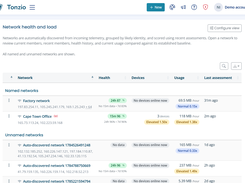 Network health — recent assessments, device participation, latency, packet loss and traffic baselines.
