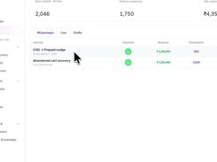 Journeys dashboard listing WhatsApp automation flows with revenue, enrollments, and open-rate metrics.