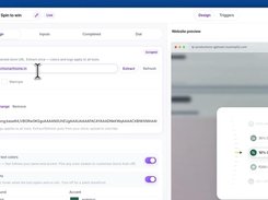 Spin-to-win campaign design screen with brand-kit settings and a website preview.