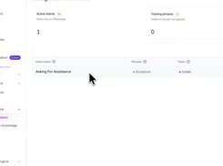 Intent Detect dashboard showing an active customer-support intent, patterns, tasks, and status.