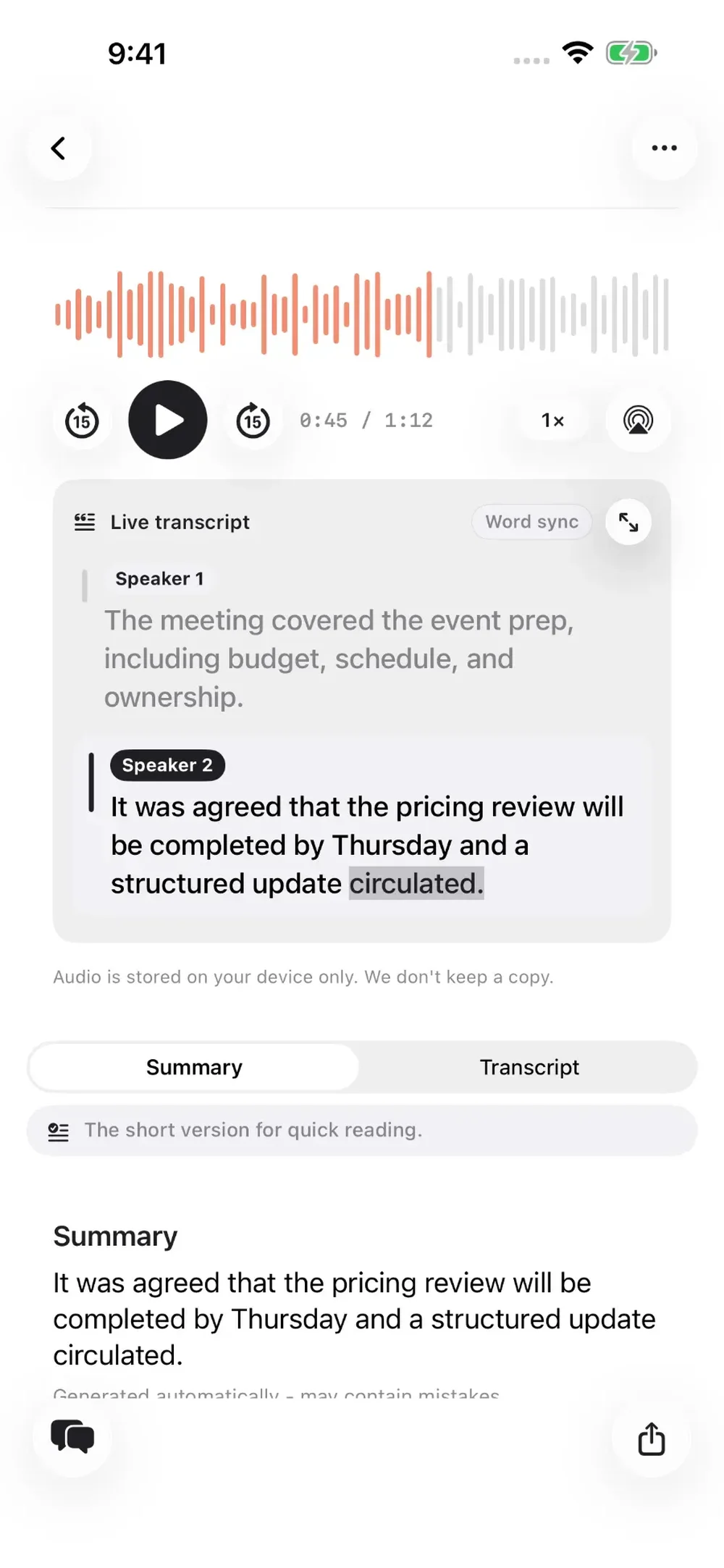 Mobile recording detail screen with an audio waveform, playback controls, live transcript labeled by speaker, and an automatically generated summary.