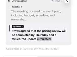 Mobile recording detail screen with an audio waveform, playback controls, live transcript labeled by speaker, and an automatically generated summary.