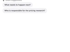Mobile chat screen titled “Ask about this recording,” showing a question about meeting decisions, an answer with an audio timestamp, suggested follow-up questions, and a message field.