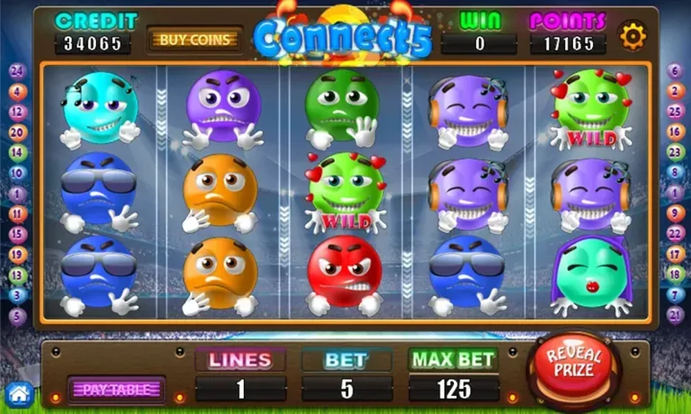 Slot-game screen labeled “Connects” with five reels of colorful round character symbols, credit and points counters, and betting controls.