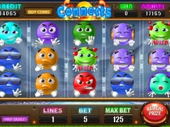 Slot-game screen labeled “Connects” with five reels of colorful round character symbols, credit and points counters, and betting controls.