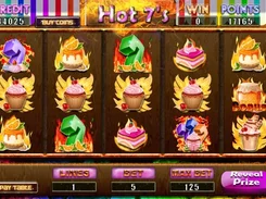 Slot-game screen labeled “Hot 7’s” with dessert symbols on five reels and controls for pay table, lines, bet, max bet, and reveal prize.