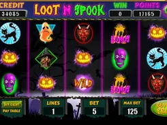 Halloween-themed slot-game screen labeled “Loot N Spook” with pumpkins, a witch, skulls, and bonus symbols on five reels.