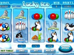 Ice-themed slot-game screen labeled “Lucky Ice” with penguins, seals, bowling pins, and billiard balls on five reels.
