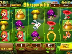 Forest-themed slot-game screen labeled “Shroomville” with mushroom, rabbit, deer, horseshoe, and fairy-tale character symbols.