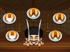 Cartoon samurai-themed game screen with five covered food trays, bamboo, swords, and a smiling character holding blades.