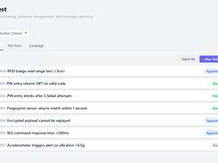 TraceTest test-case list for a Smart Lock System demo project, with seven test cases and statuses including Approved, Done, and Draft.