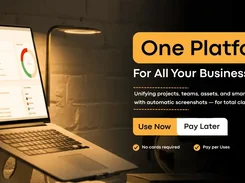 Promotional banner showing a laptop displaying the TrackPM dashboard beside text reading “One Platform For All Your Business Needs.”