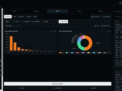 Tractvana Report dashboard with bar and doughnut charts summarizing debit amounts by account, beside trial-balance OCR previews.