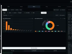 Tractvana Report dashboard with configuration controls, debit-by-account bar and doughnut charts, document OCR previews, and export options.