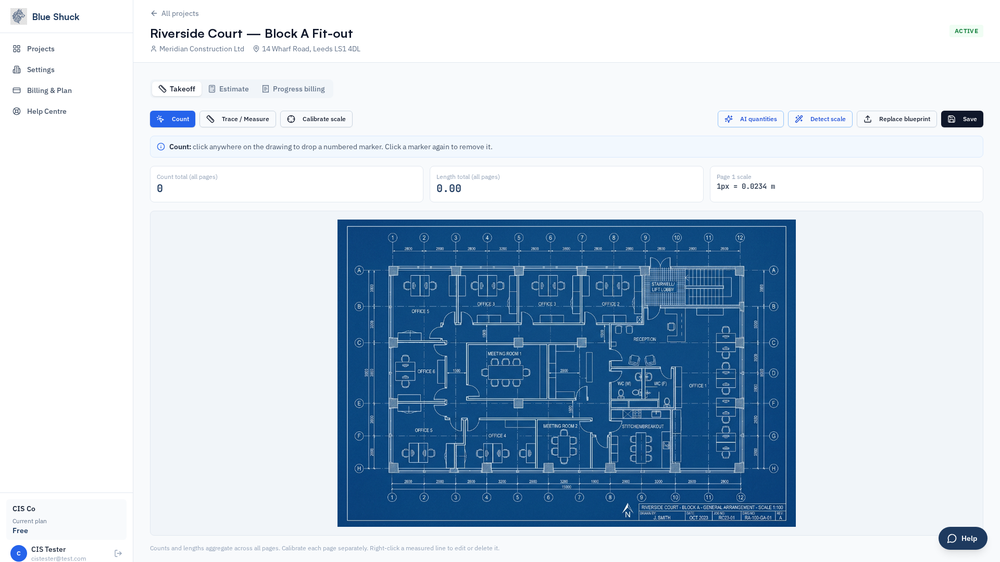 Interactive PDF drawing canvas with AI assisted scale calibration and tracing
