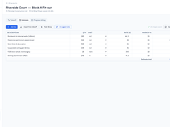 Pricing/ Estimating matrix showing line items linked directly to takeoff quantities