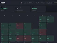 Dark-theme Calendar P&L Heatmap for August 2026 showing daily profit and loss cells and monthly statistics.