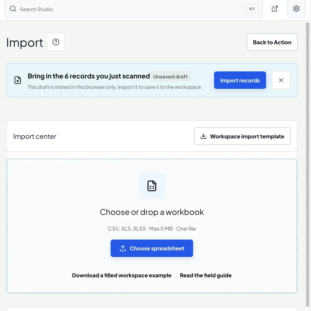 Import center for adding scanned records or uploading a CSV, XLS, or XLSX workbook.