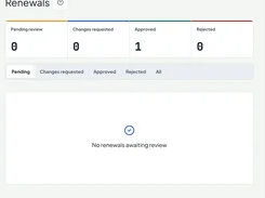 Renewals dashboard with review-status totals and an empty pending-review state.