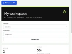 Workspace report with location and department filters, employee count, coverage, and evidence-gap metrics.