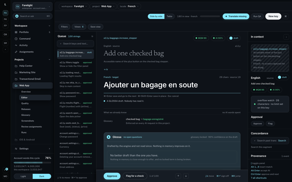 Dark-themed translation editor showing an English string, its French translation, quality scores, glossary guidance, and approval controls.